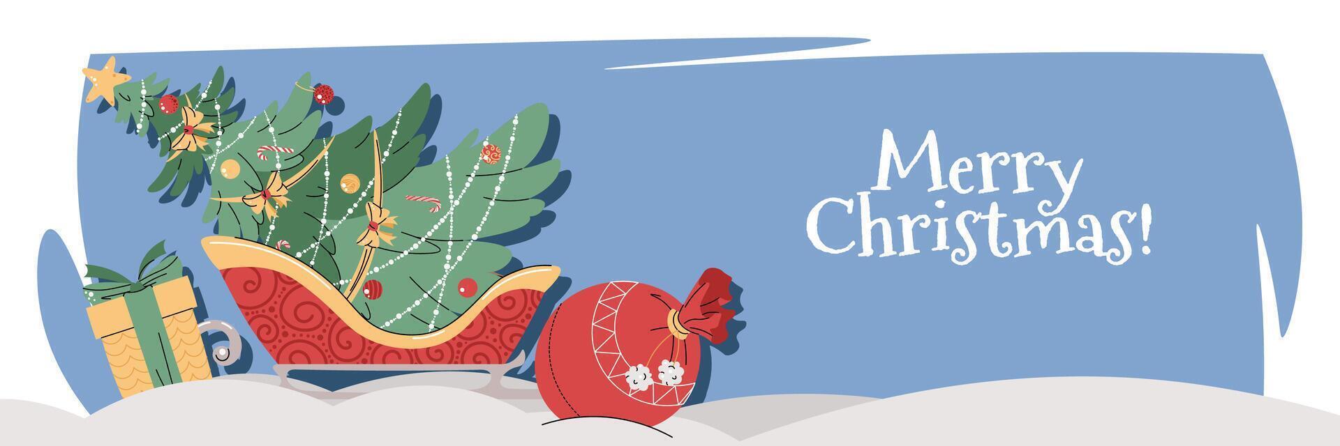 Christmas horizontal banner with Santa's sleigh, gifts, and a Christmas tree on a blue background in a flat cartoon style. illustration for poster, banner, invitation, etc. vector