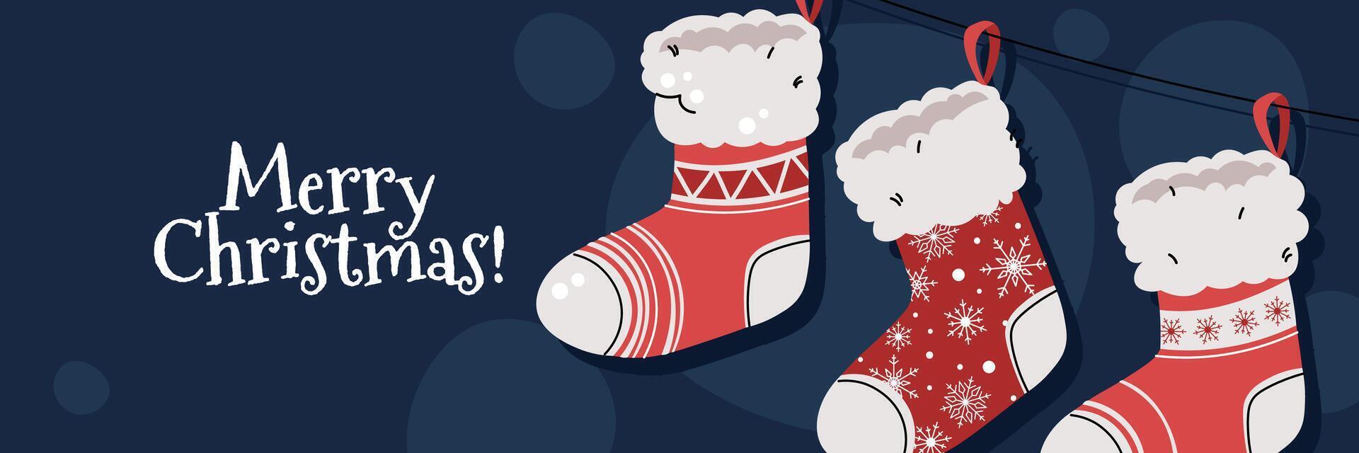 Christmas horizontal banner with hanging Christmas stockings in flat cartoon style. illustration for poster, banner, invitation etc. vector