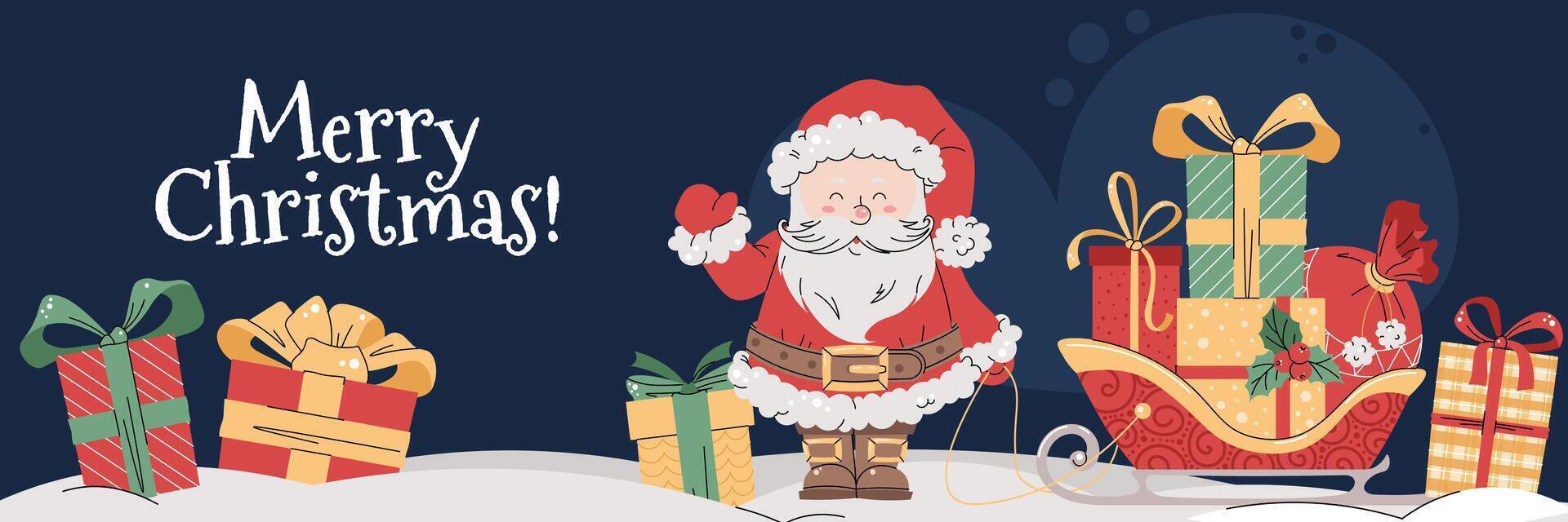 Christmas horizontal banner with Santa Claus, gifts, and sleigh on a blue background in a flat cartoon style. illustration for poster, banner, invitation, etc. vector