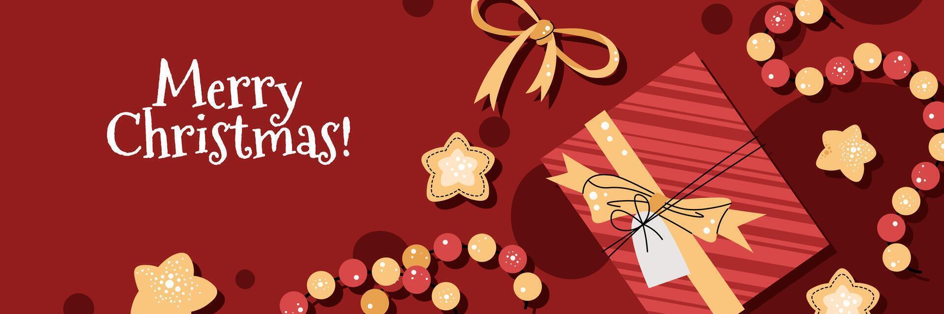 Horizontal banner with a red gift box, a garland, and stars in a flat cartoon style. background for poster, banner, invitation, etc. vector