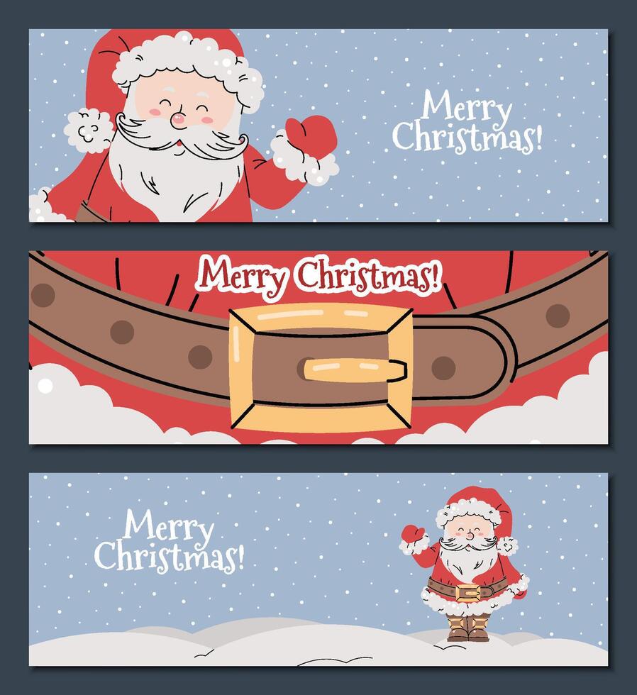 Set of Christmas horizontal banners with cheerful Santa Claus in red suit waving hand on snowy blue background in flat cartoon style. illustration for poster, banner, invitation, etc vector