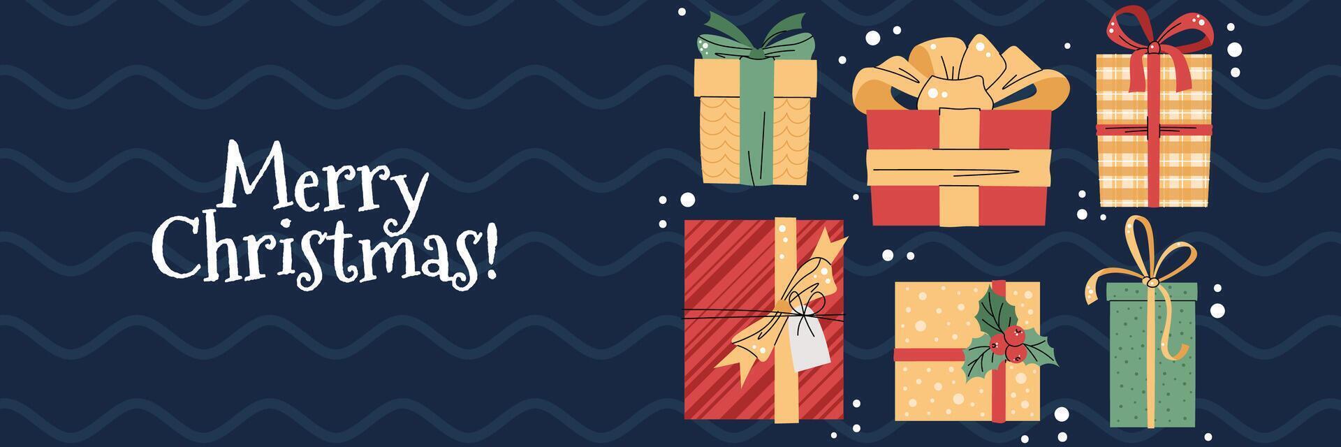 Christmas horizontal banner with gift boxes on a blue background in a flat cartoon style. illustration for poster, banner, invitation, etc. vector