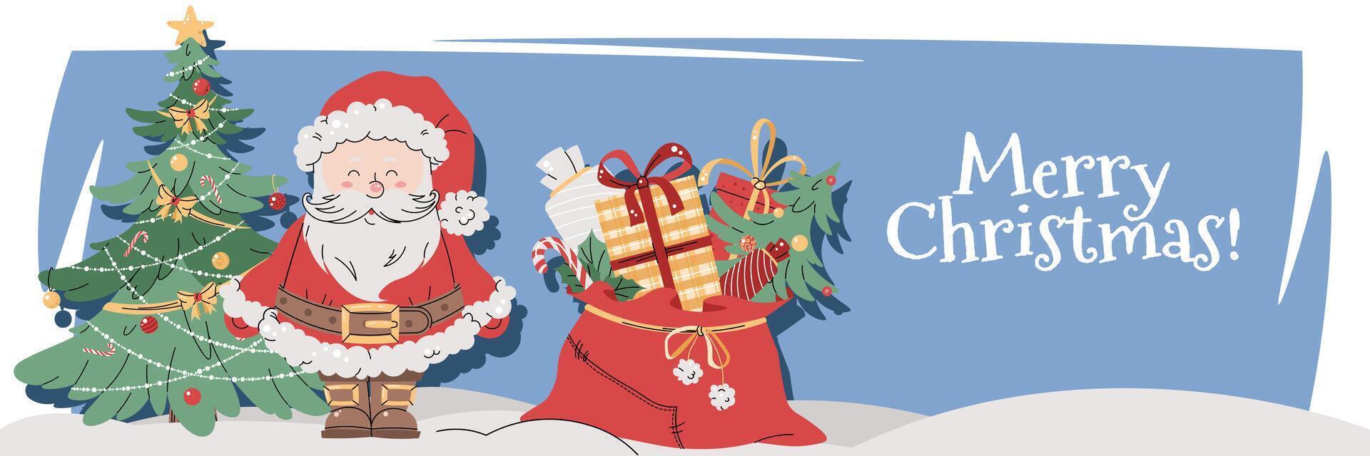 Christmas horizontal banner with Santa Claus, gifts, and a Christmas tree on a blue background in a flat cartoon style. illustration for poster, banner, invitation, etc. vector