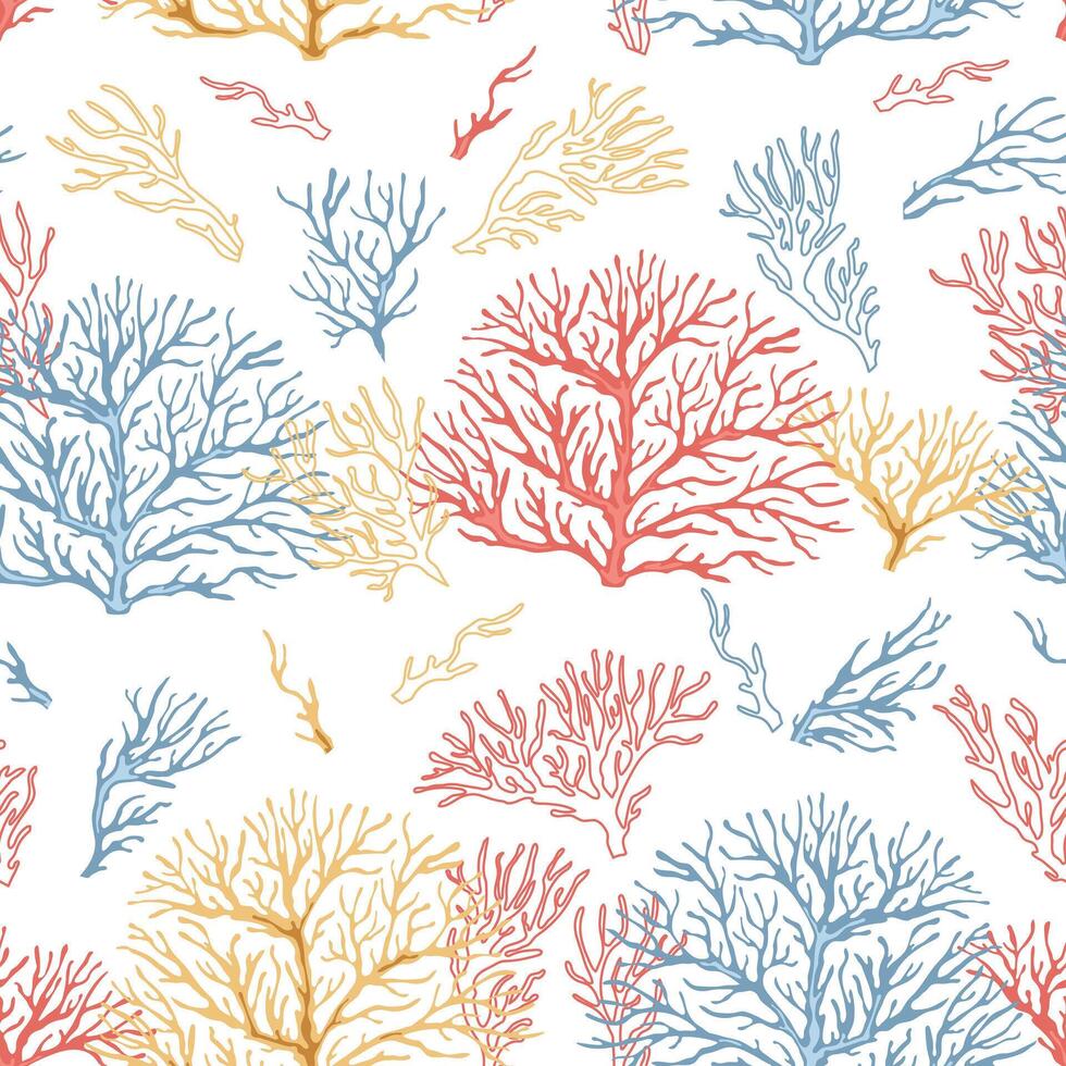 Seamless pattern with corals. Marine texture with algae in flat style. Suitable for wallpaper, fabric, paper, etc vector