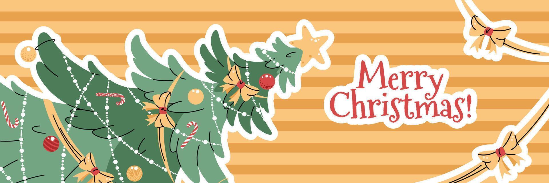 Horizontal banner with Christmas tree decorated with garland and toys on yellow striped background in flat cartoon style. background for Christmas poster, banner, card vector