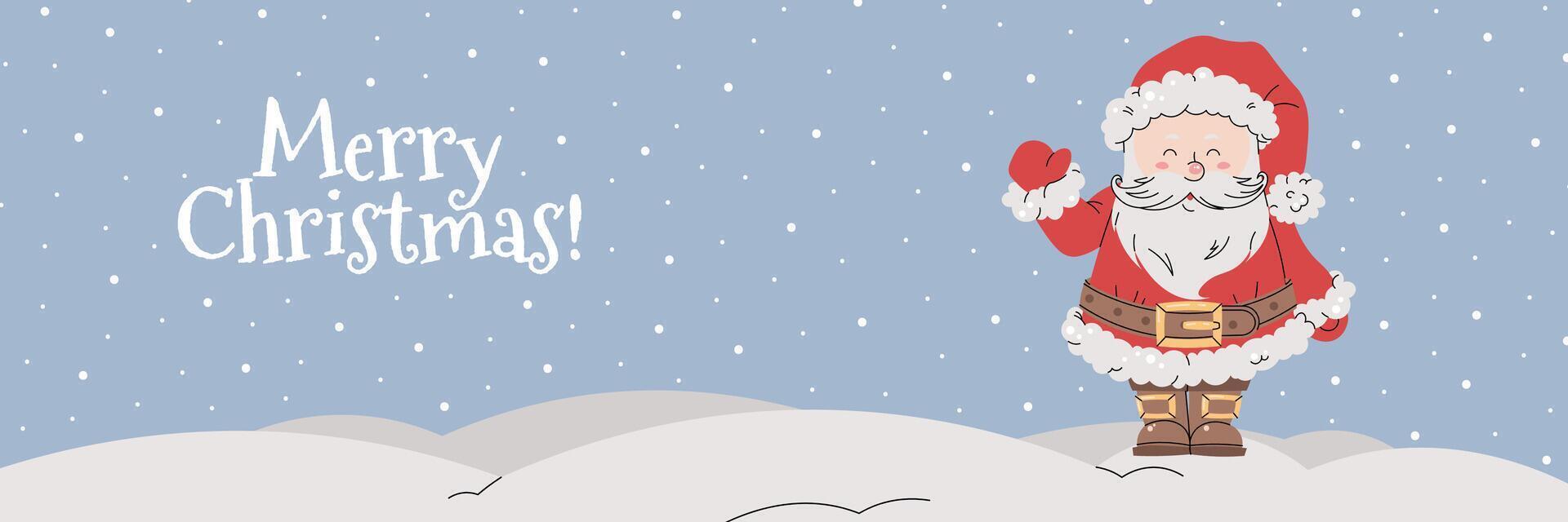 Christmas horizontal banner with cheerful Santa Claus in red suit waving hand on snowy blue background in flat cartoon style. illustration for poster, banner, invitation, etc vector