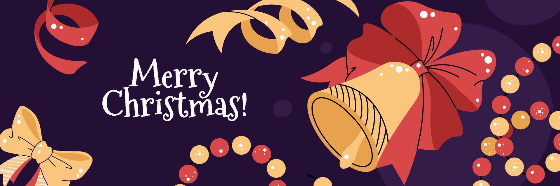 Christmas horizontal banner with Christmas Bell, Red Bow and garland in Flat Style. illustration for poster, banner, invitation, etc. vector