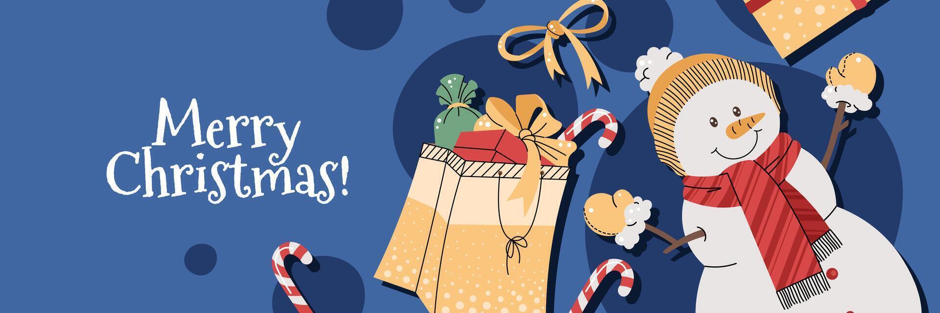 Christmas horizontal banner with a snowman and gifts on a blue background in a flat cartoon style. illustration for poster, banner, invitation, etc. vector