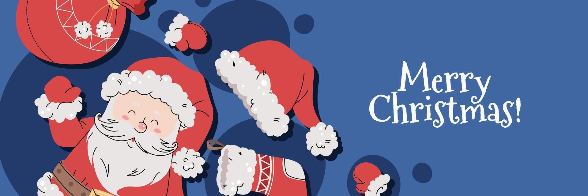 Christmas horizontal banner with Santa, a stocking, and a gift sack on a blue background in a flat cartoon style. illustration for poster, banner, invitation, etc. vector