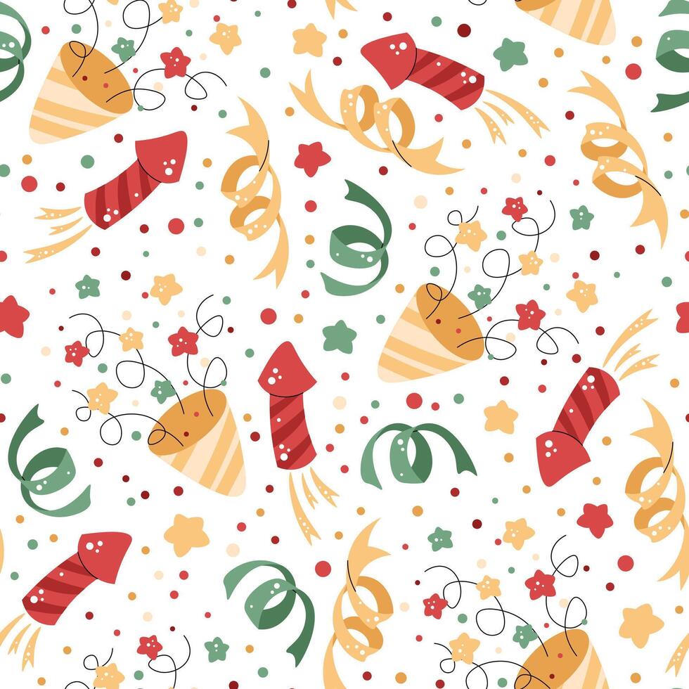 Seamless pattern with Christmas crackers, confetti and decorations. festive texture in flat style. Suitable for wallpaper, wrapping paper, fabric, etc vector