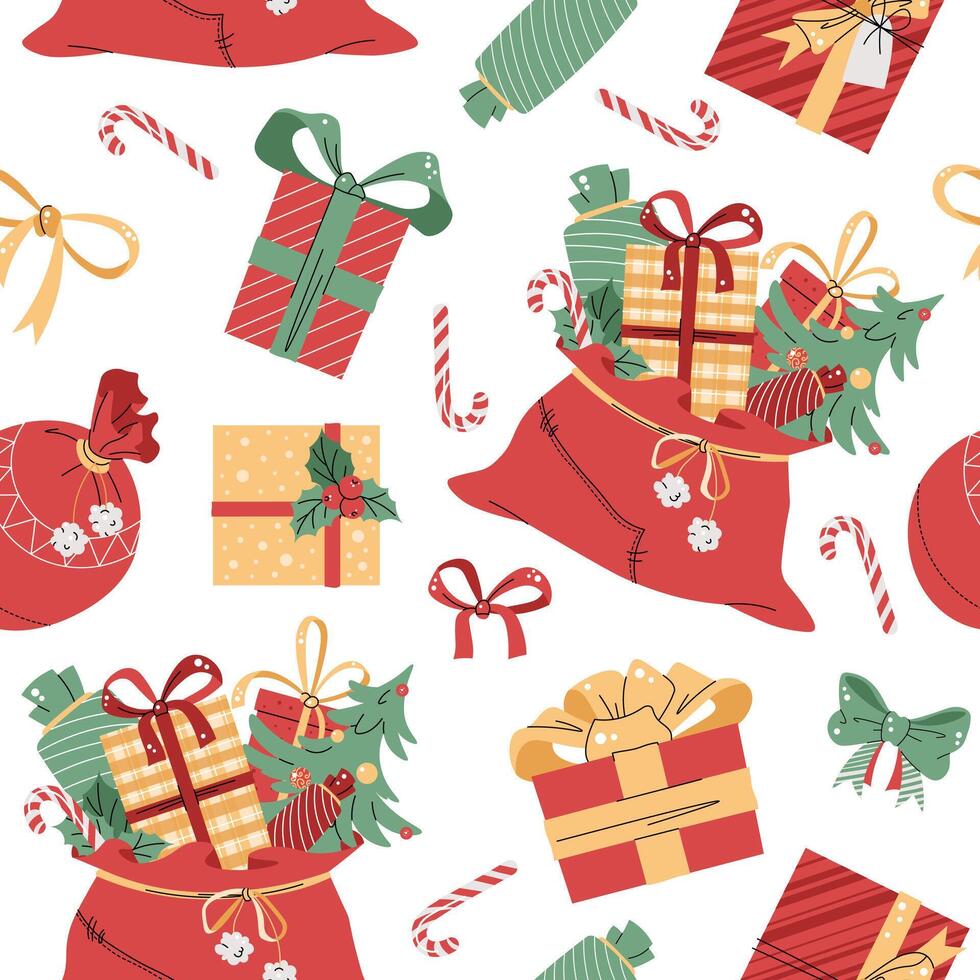 Seamless pattern with Christmas gift boxes and Santa s bag. holiday texture in flat style. Suitable for wallpaper, wrapping paper, fabric, etc. vector
