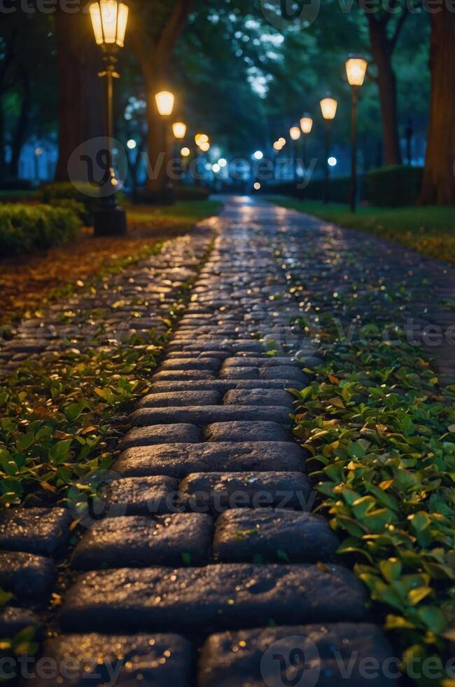 A serene cobblestone path lined with lanterns and greenery in a tranquil park setting. photo