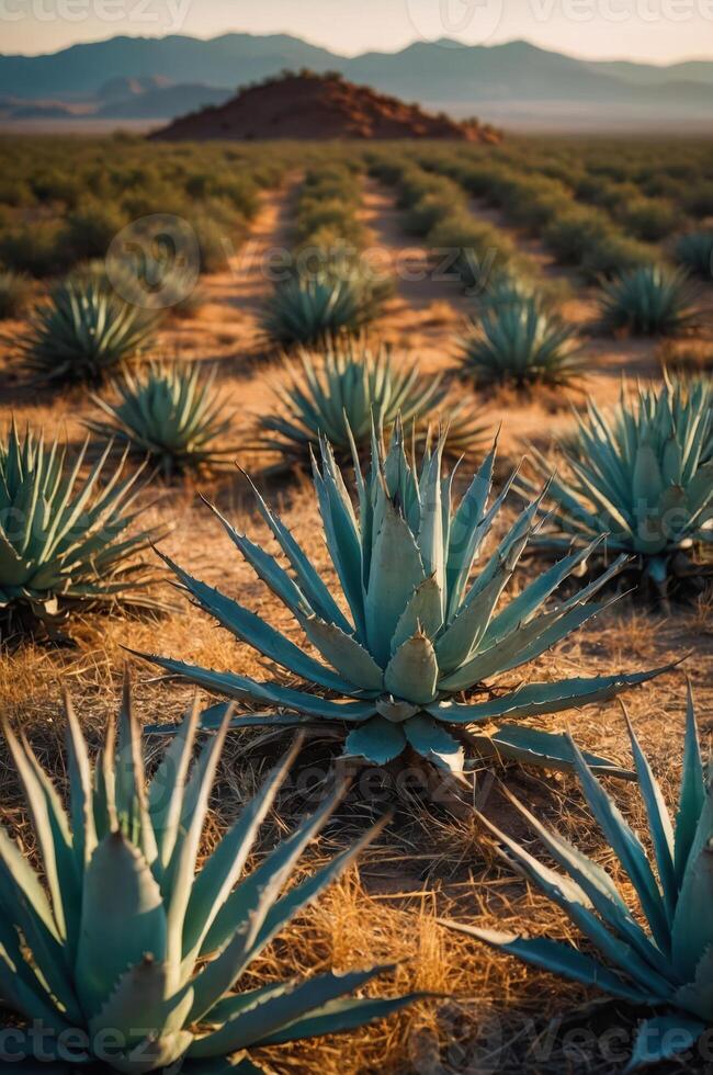 A scenic view of an agave field with mountains in the background during golden hour. photo