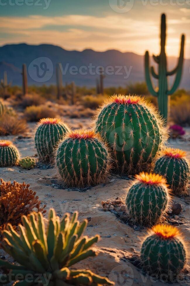 A vibrant desert landscape featuring various cacti under a sunset sky. photo