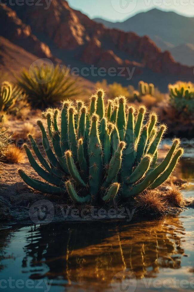A serene desert landscape featuring cacti reflected in a tranquil water pool. photo