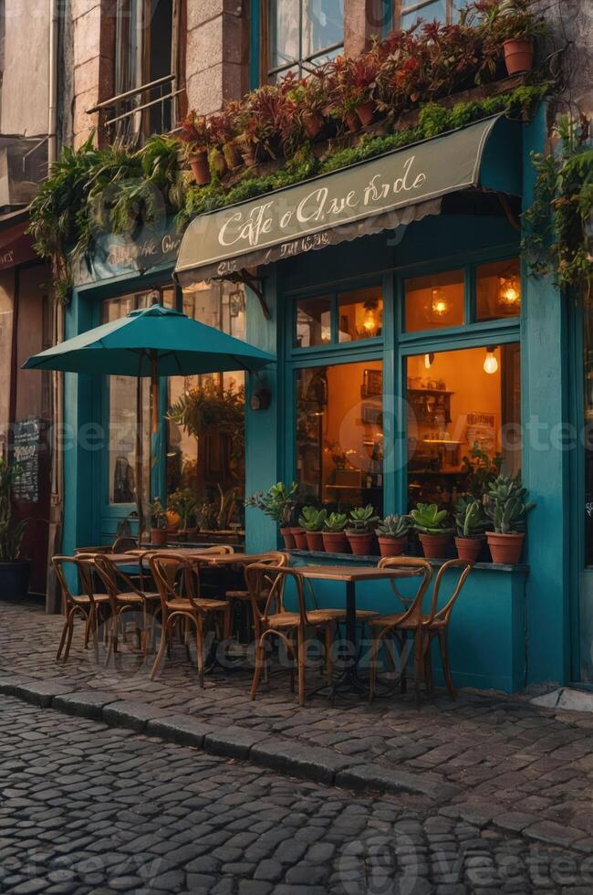 A charming caf with outdoor seating, surrounded by plants and warm lighting. photo