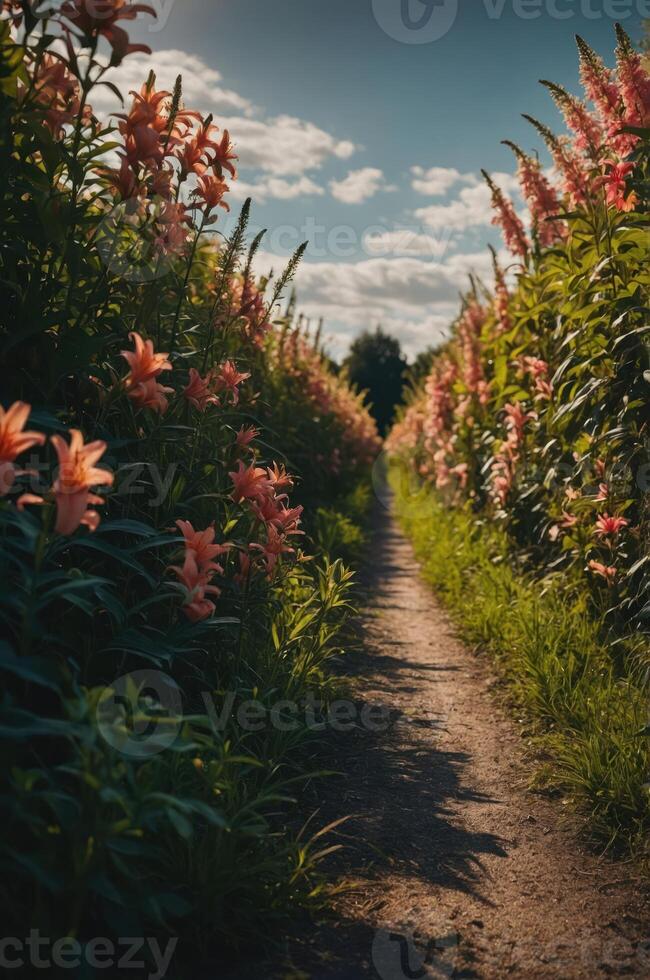 A serene path lined with blooming flowers under a blue sky. photo
