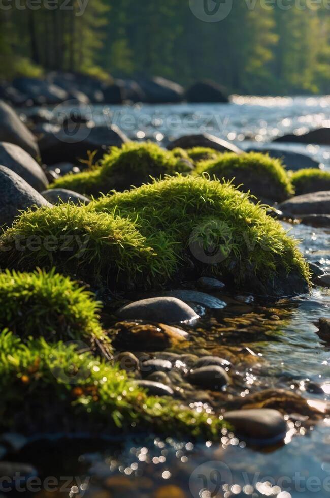 Lush green moss covers rocks by a serene river, reflecting nature's tranquility. photo