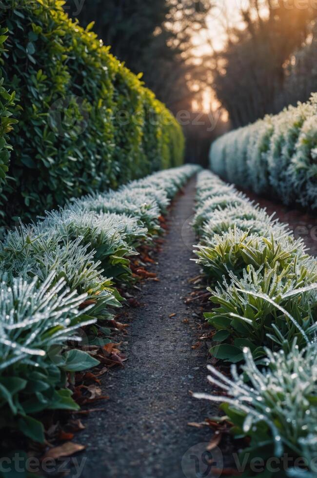 A serene pathway lined with frosted plants, leading through lush greenery. photo