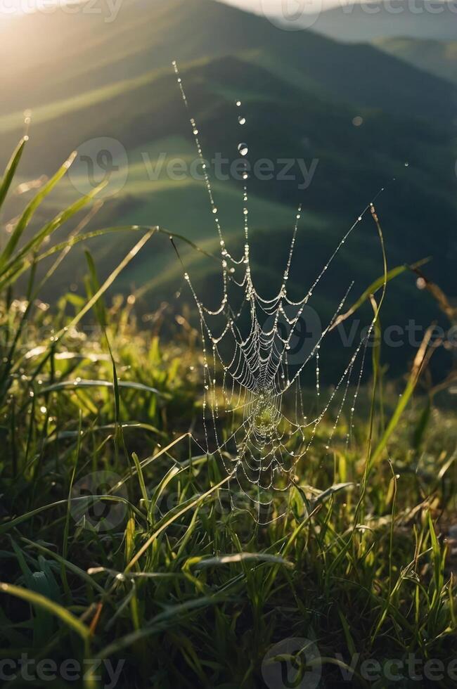 A close-up of a spider web adorned with dew droplets, set against a backdrop of rolling hills. photo