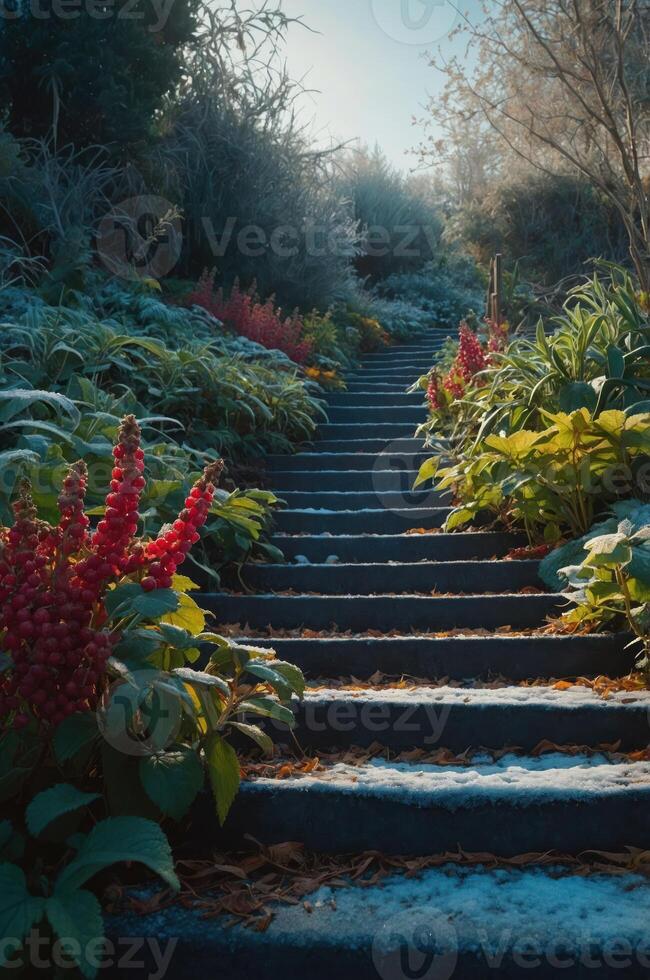 A serene staircase surrounded by lush greenery and colorful flowers in a tranquil setting. photo