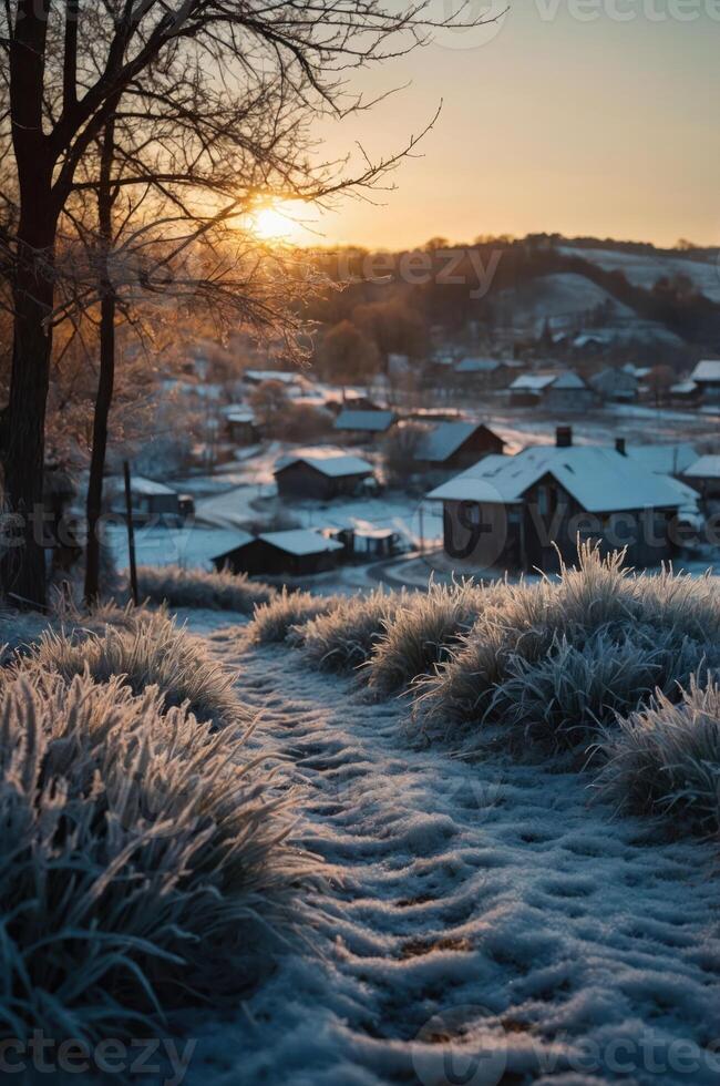 A serene winter landscape at sunrise with frosted grass and houses in the distance. photo