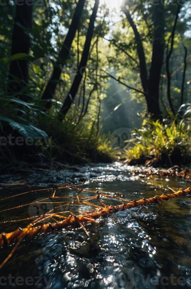 A serene forest stream illuminated by sunlight, showcasing nature's tranquility. photo