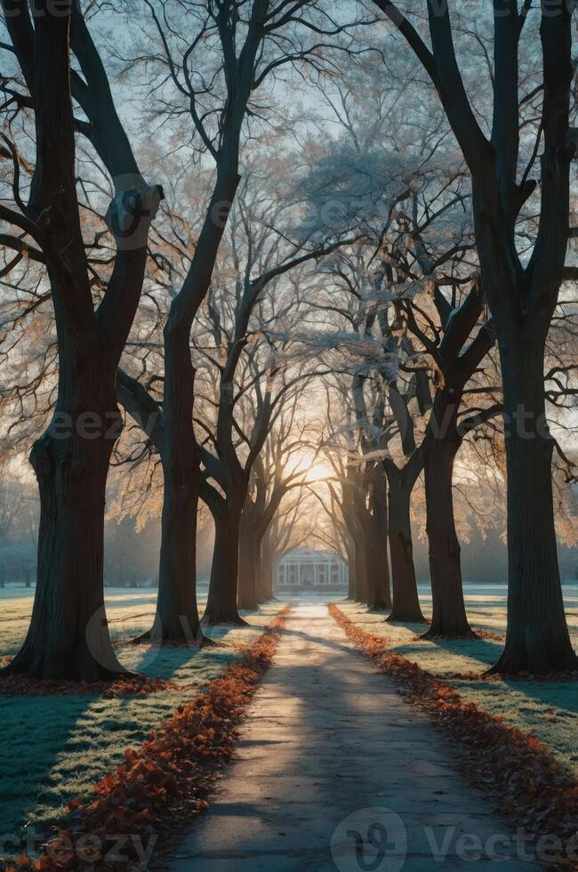 A serene pathway lined with tall trees leading to a distant building at sunrise. photo