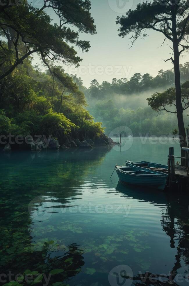A serene lakeside scene with a small boat, surrounded by lush greenery and misty hills. photo