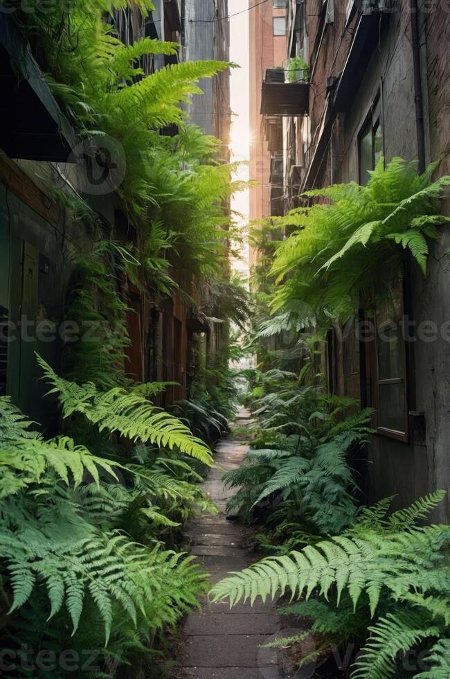 A lush alleyway filled with vibrant ferns and greenery, creating a serene urban oasis. photo
