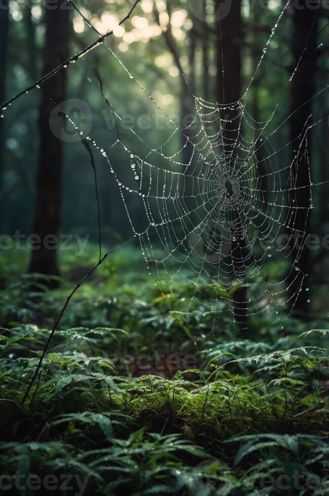 A misty forest scene featuring a spider web adorned with dew drops. photo