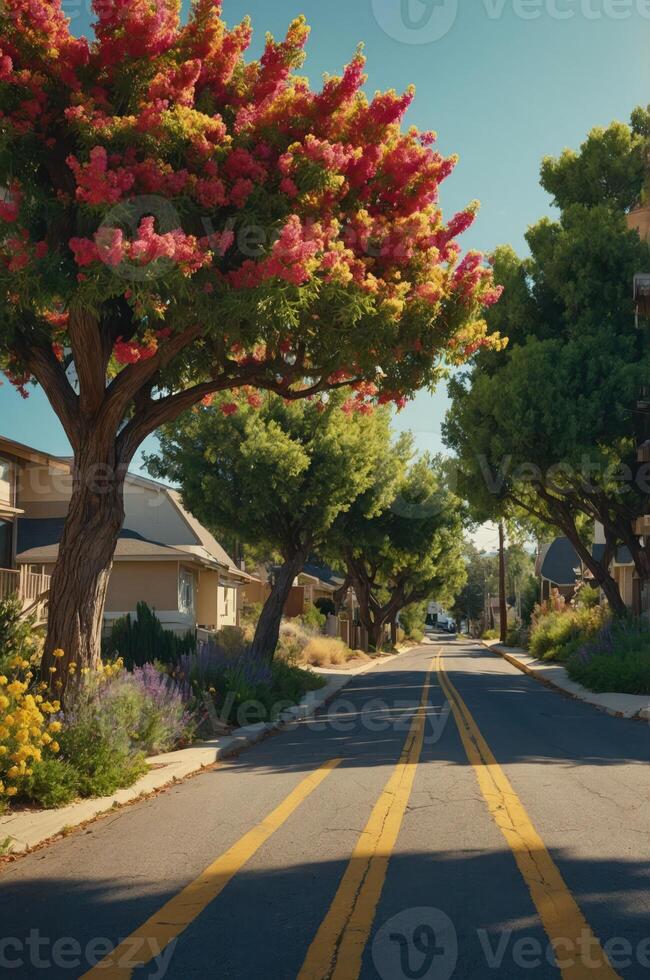 A serene street lined with flowering trees and colorful plants, creating a peaceful atmosphere. photo