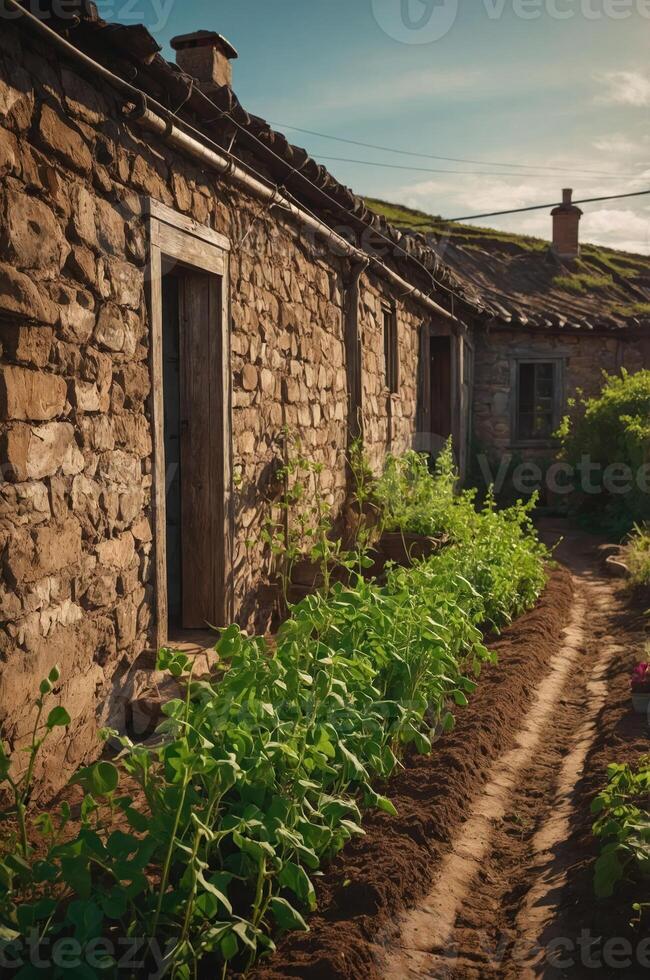 A rustic stone building with a garden path lined with green plants under a sunny sky. photo