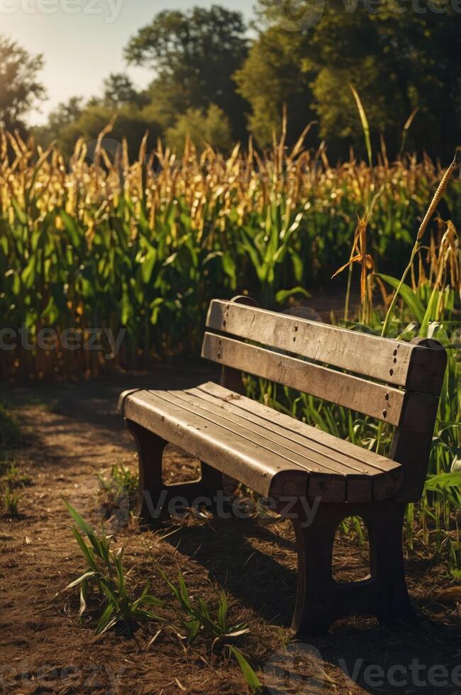 A wooden bench beside a cornfield under warm sunlight, inviting rest and reflection. photo
