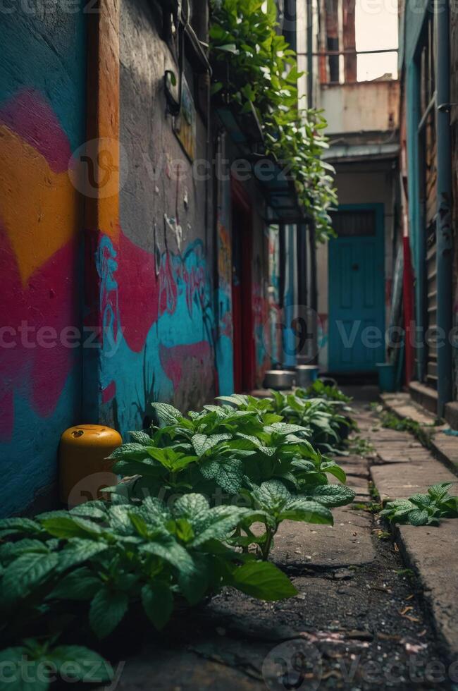 A vibrant alleyway adorned with colorful murals and lush greenery. photo