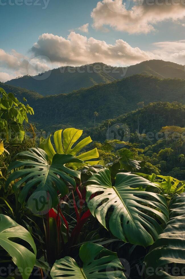 Lush tropical landscape with vibrant foliage and distant mountains under a cloudy sky. photo