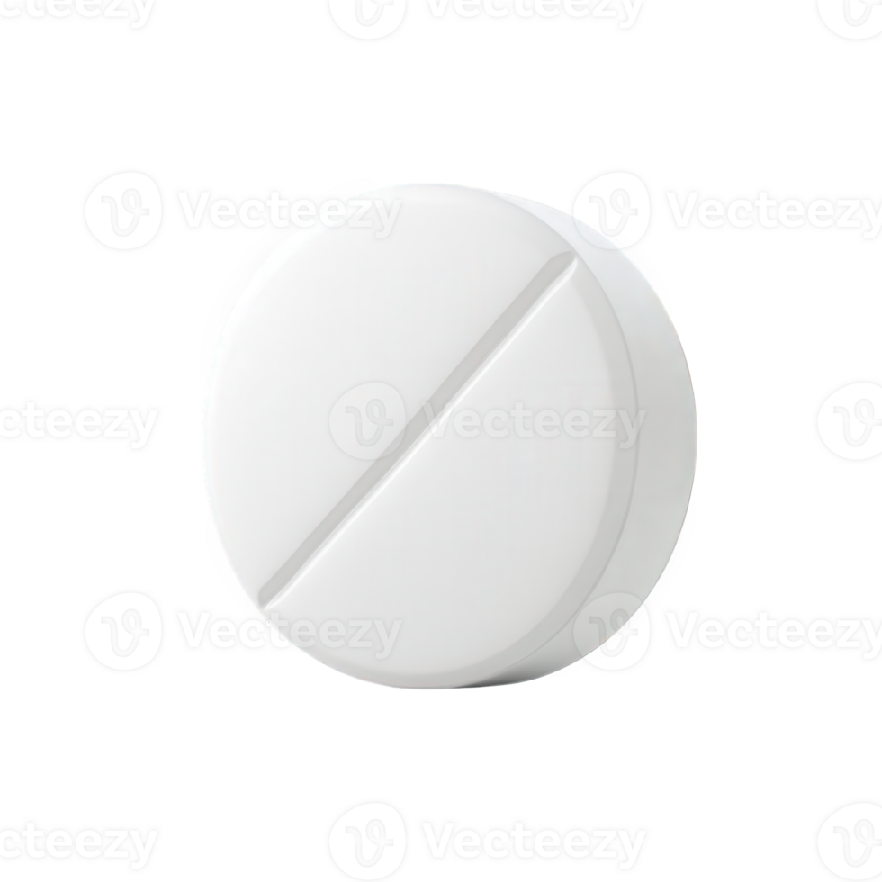 A single white round pill is shown scored in half png
