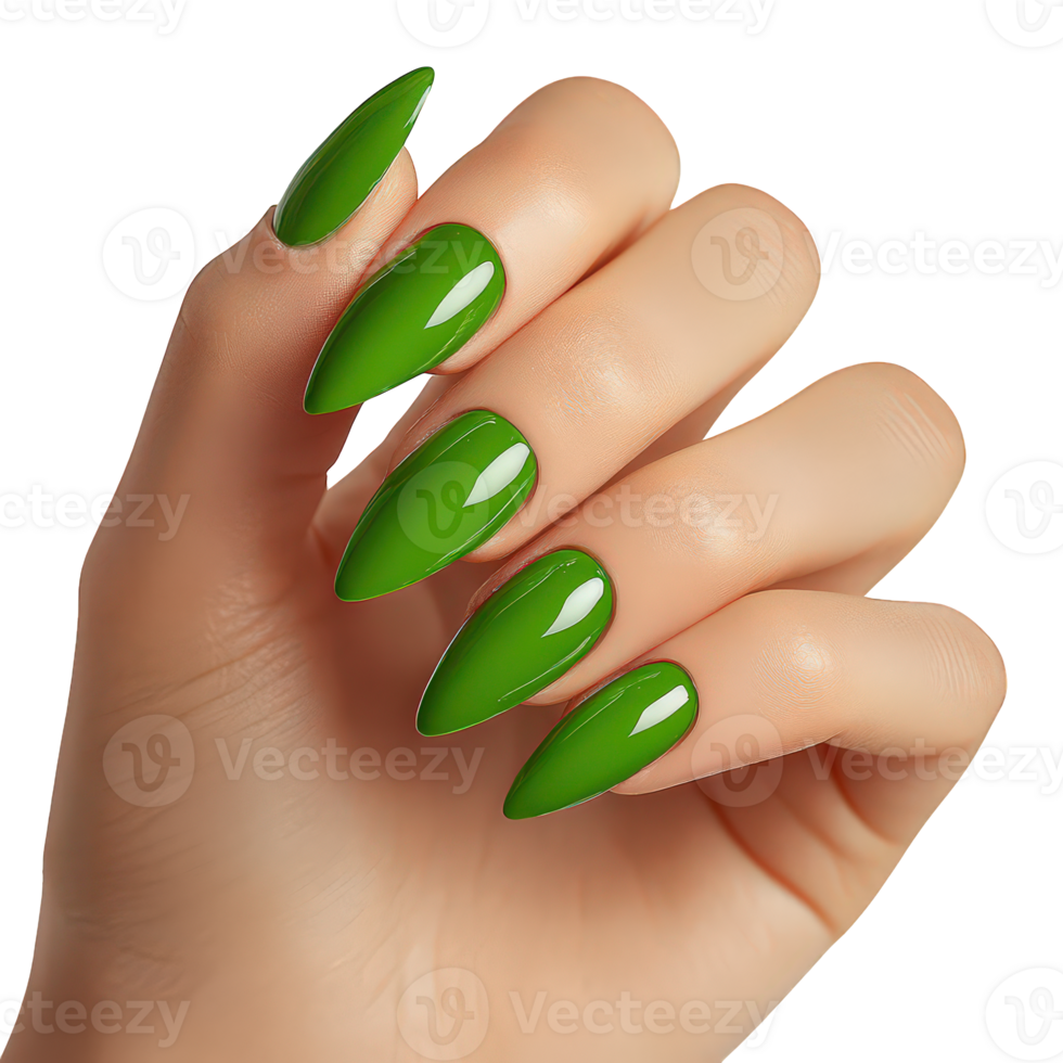 Elegant Hand with Glossy Green Almond Shaped Nails png