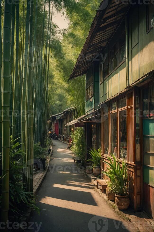 A serene pathway lined with bamboo and rustic buildings, evoking tranquility and nature. photo