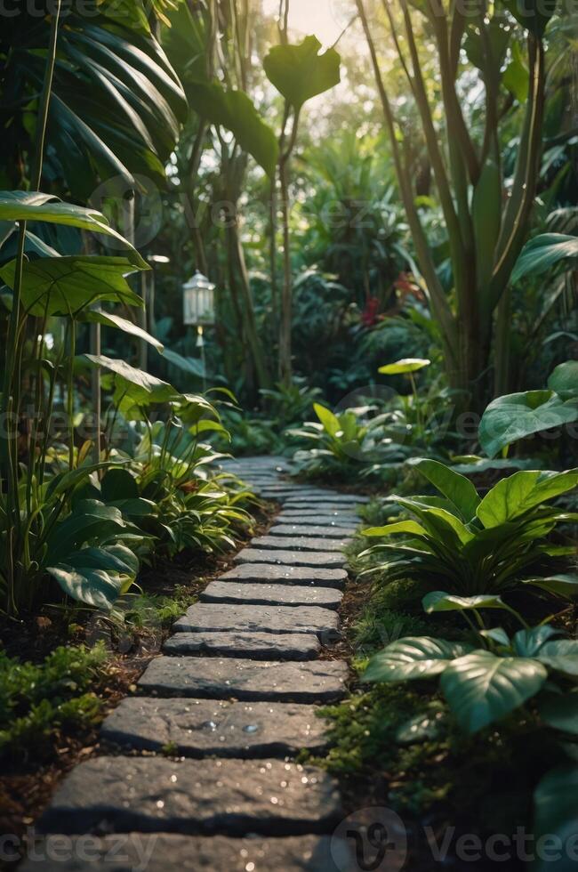 A serene stone pathway through a lush tropical garden filled with vibrant greenery. photo