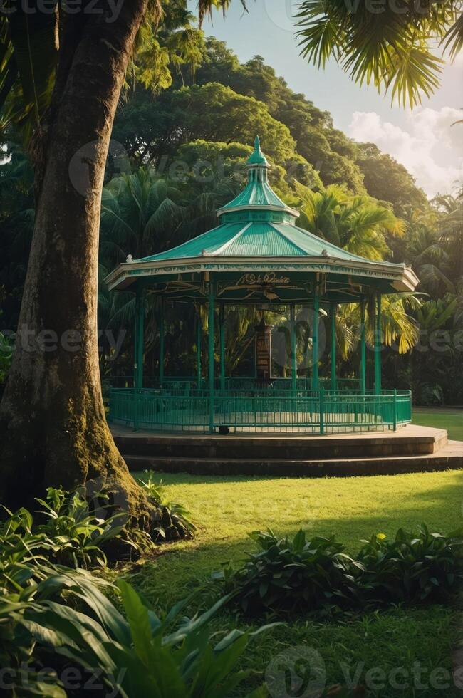 A charming gazebo surrounded by lush greenery in a tranquil park setting. photo