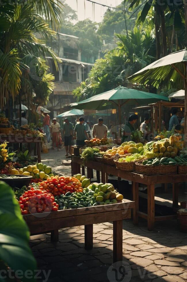 Vibrant market scene filled with fresh fruits and vegetables under umbrellas. photo