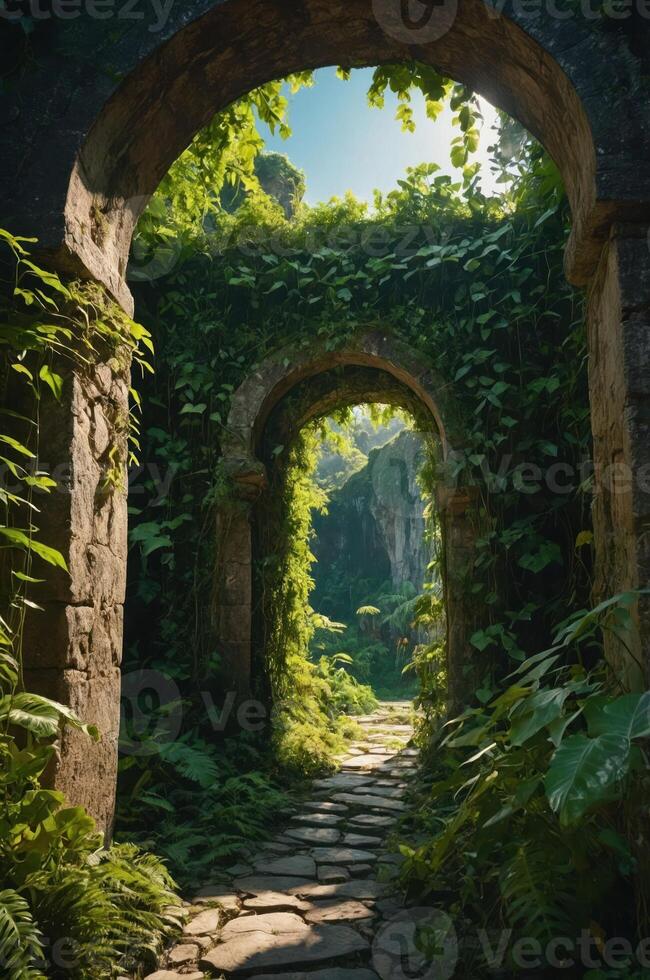 A lush, overgrown archway leads to a serene, natural pathway in a tranquil environment. photo