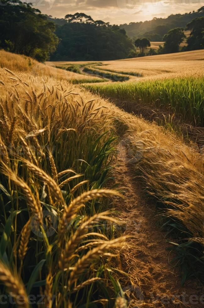 A serene landscape featuring golden wheat fields and a winding path under a sunset sky. photo