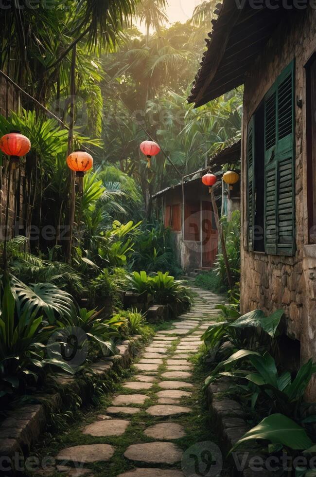 A serene pathway lined with lanterns and lush greenery leading to rustic buildings. photo