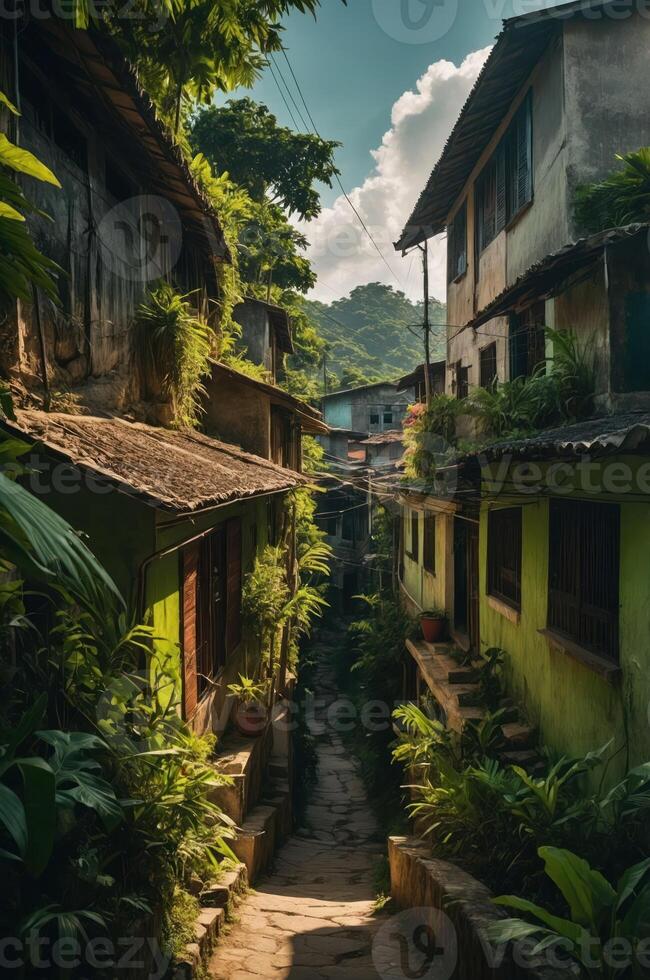 A narrow alleyway lined with lush greenery and colorful buildings in a tranquil setting. photo