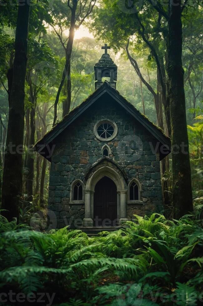A quaint stone chapel nestled in a lush forest, surrounded by ferns and towering trees. photo