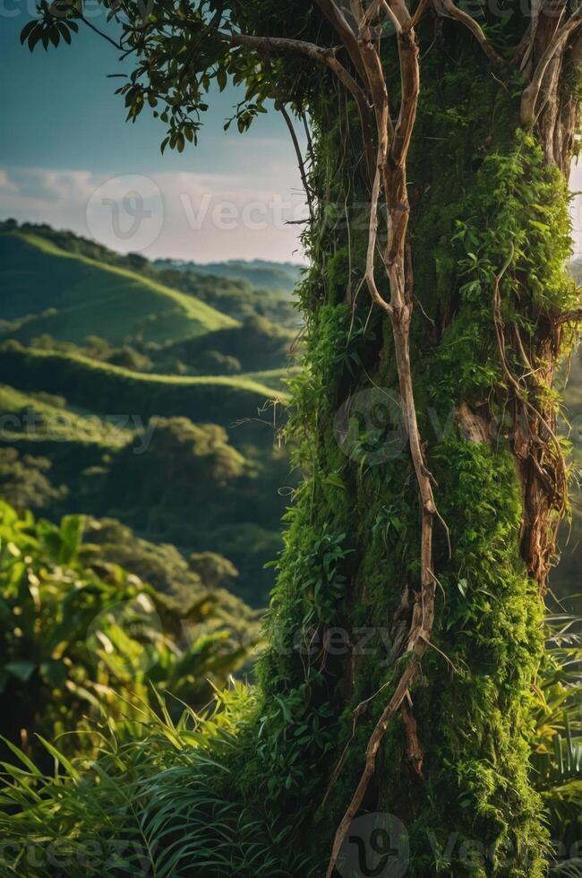 Lush green tree covered in moss with rolling hills in the background under a cloudy sky. photo