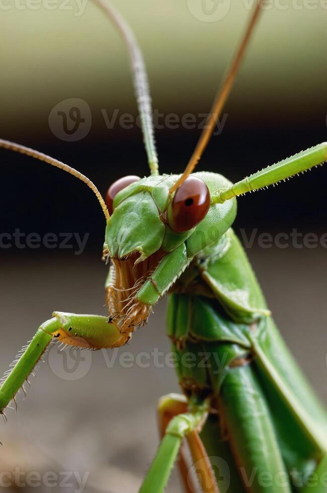 Close-up of a green grasshopper with prominent eyes and detailed features. photo