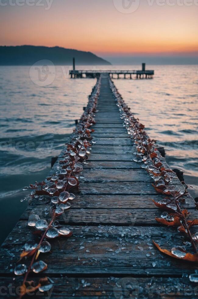 A serene wooden pier extends into calm waters at sunset, adorned with leaves and droplets. photo